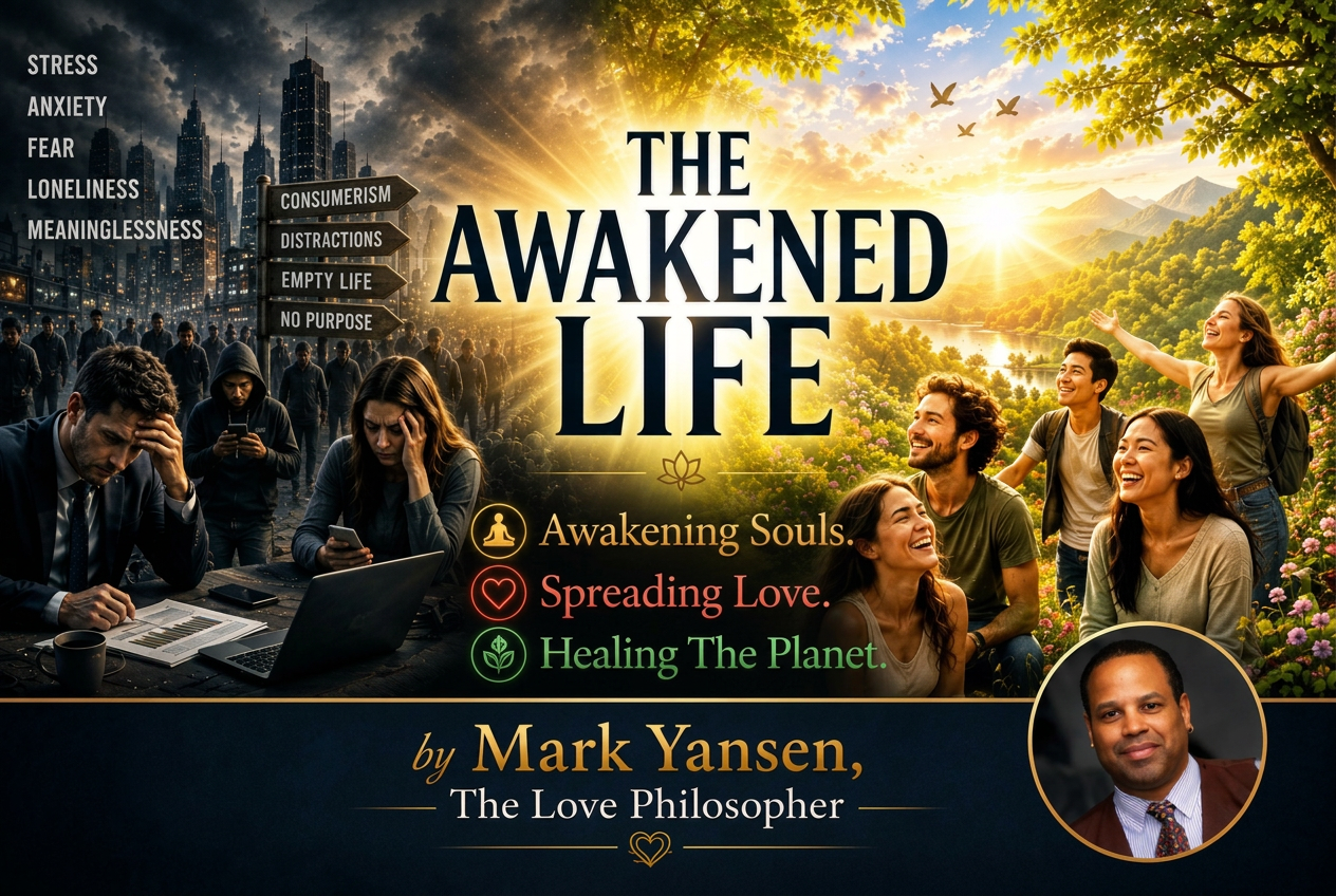 The Awakened Life by Mark Yansen — a dark, stressful city on one side and a bright, peaceful nature scene with joyful people on the other